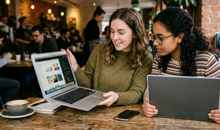 Duas profissionais em um café discutem o mercado de inteligência artificial. A mulher à esquerda sorri e mostra dados em um notebook aberto, enquanto a mulher à direita, de óculos e segurando um notebook fechado sem marca, observa a tela com atenção.
