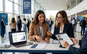 Profissionais de RH analisam Currículos impressos e digitais em um evento de recrutamento, com notebooks e tablets exibindo dados em um salão movimentado.