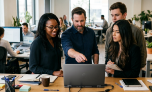 Quatro profissionais reunidos em um escritório moderno analisando relatórios e dados no computador, ilustrando as novas tecnologias que remodelam o mercado financeiro.