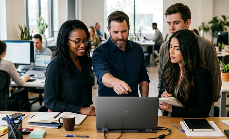 Quatro profissionais reunidos em um escritório moderno analisando relatórios e dados no computador, ilustrando as novas tecnologias que remodelam o mercado financeiro.
