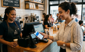 Uma jovem sorridente, em um café acolhedor em São Paulo, aproxima seu smartphone de um terminal de pagamento para realizar uma transação via NFC. No entanto, sua expressão alegre contrasta com a preocupação central de um novo estudo que revela falhas de segurança nos pagamentos por aproximação, deixando seus dados vulneráveis a ataques maliciosos.