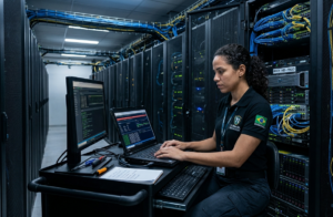 Profissional de TI em data center monitorando alerta crítico de queda na AWS.