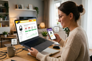 A imagem ilustra uma pessoa sentada em sua sala, comparando ofertas no notebook e no celular. O notebook exibe um gráfico de histórico de preços, enquanto o celular apresenta diferentes opções para um mesmo produto. Esta imagem exemplifica o conceito de Inteligência Artificial redefinindo o preço justo.