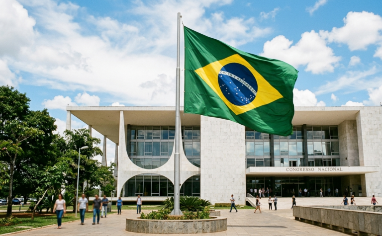 Vista externa de um prédio moderno de infraestrutura tecnológica com a bandeira do Brasil na entrada, representando a expansão dos data centers no país.