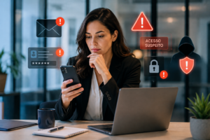 Profissional de negócios utiliza celular e notebook em ambiente corporativo, cercada por alertas de segurança e ícones de acesso suspeito, representando a evolução dos Golpes Digitais e a necessidade de cibersegurança nas empresas.