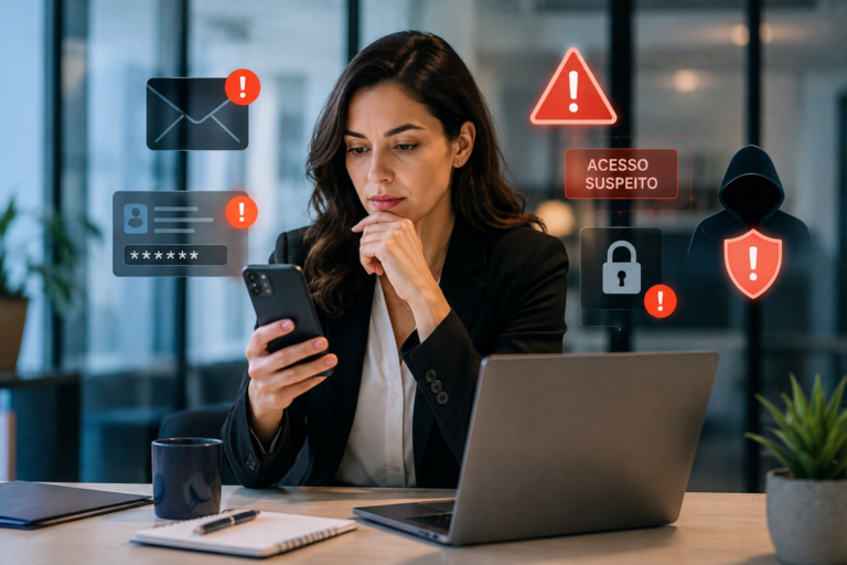 Profissional de negócios utiliza celular e notebook em ambiente corporativo, cercada por alertas de segurança e ícones de acesso suspeito, representando a evolução dos Golpes Digitais e a necessidade de cibersegurança nas empresas.