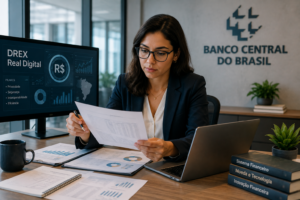 Profissional analisa documentos e dados financeiros em um escritório, com informações sobre o DREX exibidas em um monitor, representando a análise do Banco Central sobre os possíveis rumos do projeto de Real Digital.