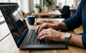 Mãos de um profissional digitando em um notebook, em um close-up focado no teclado. A imagem simboliza a interação humana e as habilidades técnicas e comportamentais necessárias diante do avanço da Inteligência Artificial no mercado de trabalho de tecnologia em 2026.