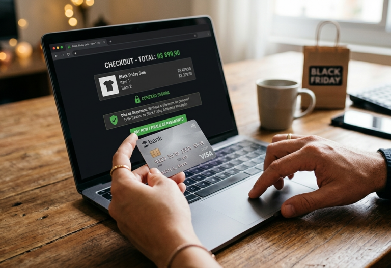 Compra online segura durante a Black Friday 2025 no e-commerce: mãos usando cartão de crédito e notebook.