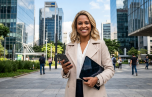 Uma profissional de cabelos loiros e casaco claro sorri confiante, segurando um celular e um tablet em um ambiente externo com prédios modernos. Esta imagem representa a tranquilidade e a segurança alcançadas pelas instituições financeiras que se preparam para a revolução fiscal da DIMP com antecedência e tecnologia robusta.