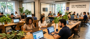 Esta imagem retrata um ambiente de trabalho moderno e colaborativo no Brasil, repleto de luz natural, mesas de madeira e plantas, onde profissionais de diversas origens trabalham em seus notebooks. A cena ilustra a integração da Inteligência Artificial nos processos cotidianos das empresas brasileiras, com as telas dos computadores exibindo dashboards de análise de dados com legendas como "IA EM PROCESSOS BRASILEIROS" e gráficos de barras. Ao fundo, uma frase na parede reforça o tema: "CO-WORKING BRAZIL - INOVAÇÃO & IA".