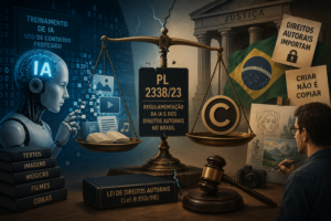 Ilustração sobre a Inteligência Artificial e os direitos autorais no Brasil, mostrando uma IA de um lado e um criador do outro, separados por uma balança da Justiça que representa o conflito entre inovação tecnológica e proteção de conteúdos autorais. Ao centro, o PL 2338/23 simboliza a discussão sobre a regulamentação da Inteligência Artificial no país.
