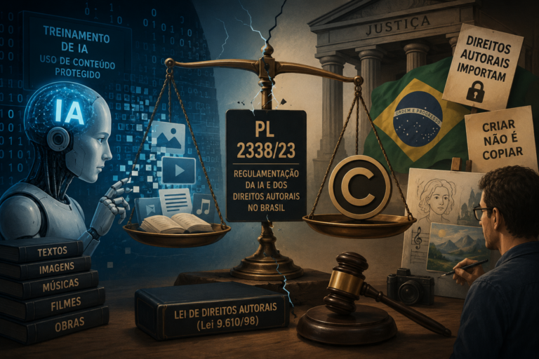 Ilustração sobre a Inteligência Artificial e os direitos autorais no Brasil, mostrando uma IA de um lado e um criador do outro, separados por uma balança da Justiça que representa o conflito entre inovação tecnológica e proteção de conteúdos autorais. Ao centro, o PL 2338/23 simboliza a discussão sobre a regulamentação da Inteligência Artificial no país.