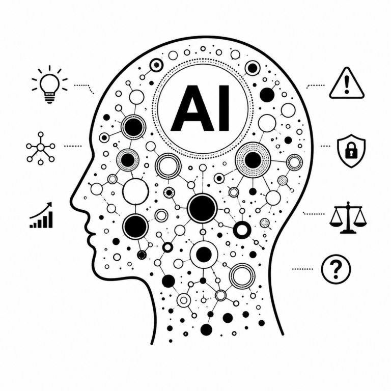 Ilustração em preto e branco de um perfil humano preenchido por círculos e conexões que representam redes neurais e processos de Inteligência Artificial, acompanhado por símbolos de segurança, alerta, ética e incerteza.