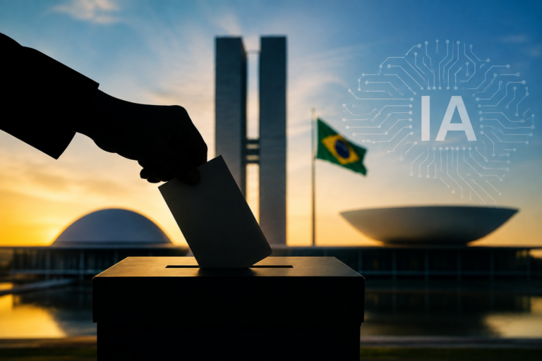 Mão depositando voto em uma urna diante do Congresso Nacional, representando a Regulamentação da Inteligência Artificial e a votação urgente do PL 2338/2023.