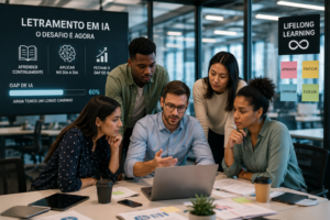 Equipe de profissionais reunida em torno de um notebook em escritório moderno, representando o Gap de Inteligência Artificial e a necessidade de letramento no ambiente corporativo.