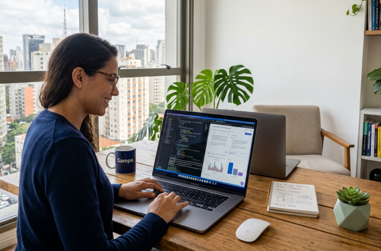 Mulher trabalhando num laptop sobre mesa de madeira, representando as Carreiras em Inteligência Artificial. A tela mostra códigos e gráficos. Ao lado, caneca escrita Sampa, bloco e planta, com vista para a cidade de São Paulo ao fundo.