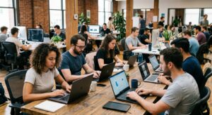 Grupo diverso de profissionais trabalhando em um ambiente moderno de escritório, utilizando laptops e computadores para desenvolver soluções e tarefas impulsionadas pela Inteligência Artificial.