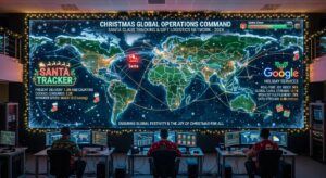 Uma foto de um centro de comando militar transformado para a época de Natal. Na parede central, uma gigantesca tela exibe um mapa global interativo intitulado 'CHRISTMAS GLOBAL OPERATIONS COMMAND', mostrando uma complexa rede de rastreamento com a localização de um ícone de Papai Noel no trenó. A tela inclui seções como 'SANTA TRACKER' (Rastreador do Papai Noel), estatísticas festivas como 'JOY INDEX' (Índice de Alegria) e uma referência ao 'GOOGLE HOLIDAY SERVICES' (Serviços de Férias do Google). Três operadores com gorros de Natal, de costas para a câmera, monitoram suas próprias estações de trabalho repletas de telas menores com gráficos de satélite e dados logísticos. A sala é decorada com guirlandas iluminadas, luzes pisca-pisca e elementos natalinos, unindo tecnologia de ponta com o espírito do Natal no rastreamento mágico.