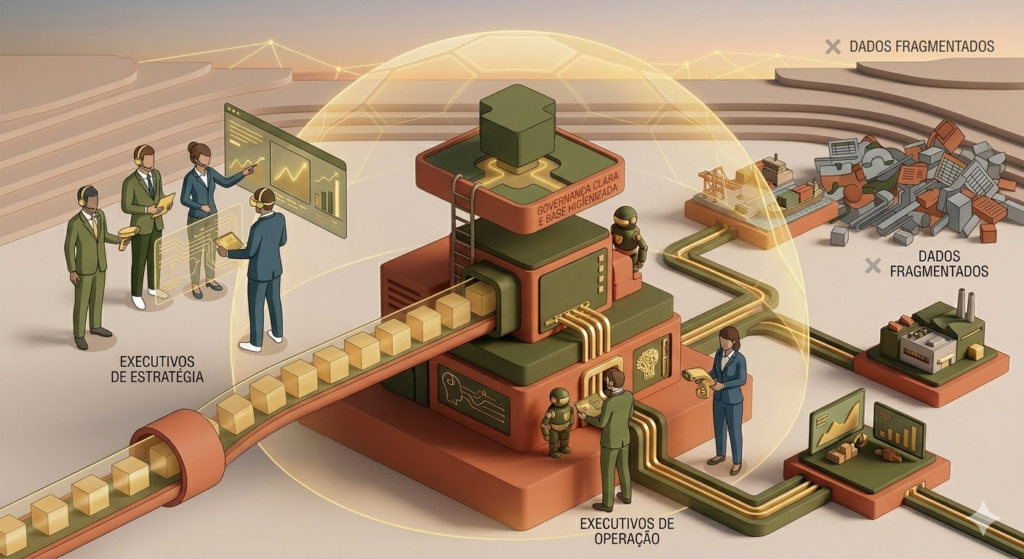 Ilustração isométrica moderna e minimalista em tons de terracota, verde oliva e dourado. No centro, uma estrutura modular de Inteligência Artificial está em construção, com fluxos de dados organizados e limpos (cubos dourados) entrando nela. Braços robóticos refinados organizam o fluxo. No topo da estrutura, um grupo de executivos e estrategistas (em trajes profissionais e capacetes de realidade aumentada com toques dourados) colabora com interfaces e painéis de controle transparentes. Eles validam a governança dos dados brutos que chegam de tubulações organizadas. O ambiente é seguro e estruturado, representando eficiência e controle humano sobre a tecnologia.
