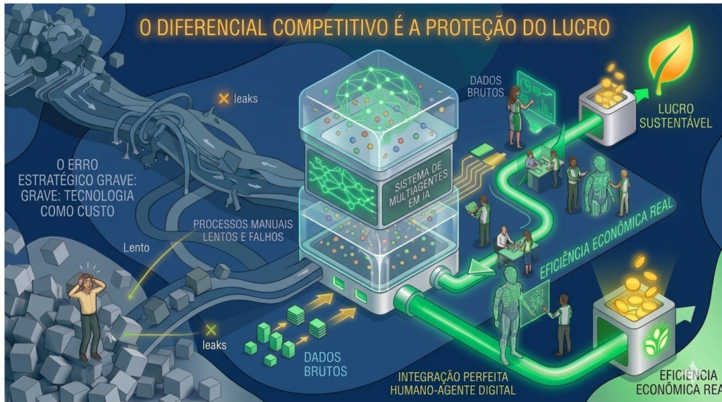 Ilustração isométrica da visão estratégica REVIIV: à esquerda, um fluxo cinza desorganizado representa processos manuais e perdas; ao centro, um sistema de IA multiagente processa dados brutos e os transforma em um fluxo verde neon que gera lucro protegido e moedas douradas à direita, com integração humana.