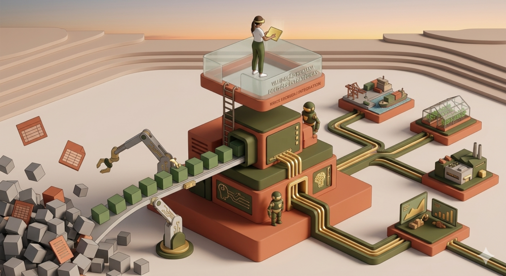 Ilustração isométrica minimalista em tons de terracota, verde oliva e detalhes em dourado. À esquerda, pilhas de planilhas desorganizadas são coletadas por braços robóticos e transformadas em cubos verdes ordenados. No centro, uma estrutura sólida integra esses dados a fábricas e portos. No topo, uma figura humana em uma plataforma transparente valida o processo, representando a supervisão estratégica da Inteligência Artificial.