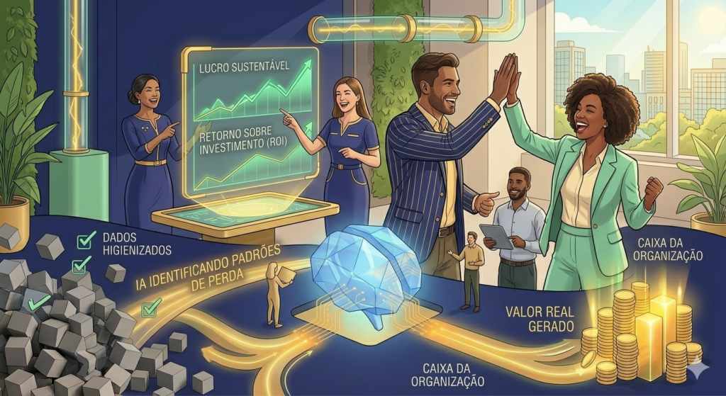 Ilustração tecnológica de uma operação integrada e blindada. No plano esquerdo, 'diagnóstico manual' e vazamentos cinzas desorganizados representam desperdício e perdas invisíveis. No centro, o núcleo cerebral de Inteligência Artificial (cristal azul) está ativado e totalmente integrado ao fluxo de trabalho real (linha de produção, logística, finanças) através de tubulações verdes e douradas. Múltiplos estrategistas humanos (refinados, em dourado pálido) validam as decisões do sistema com painéis holográficos dourados, representando maturidade digital e supervisão estratégica. O núcleo cerebral de IA e os multiagentes (ícones especializados) estão blindando o sistema e canalizando o fluxo de ouro e processos eficientes para um radiante 'Caixa da Organização' (The Organization's Cash) estruturalmente seguro, overflowed com glowing gold data coins. O fundo apresenta sutis textos em português: 'IA IDENTIFICANDO PADRÕES DE PERDA EM TEMPO REAL', 'FLUXO DE CAIXA SAUDÁVEL', 'BLINDAGEM FINANCEIRA', 'LUCRO SUSTENTÁVEL'.