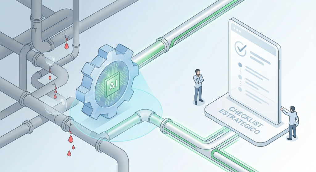 Ilustração isométrica em tons de azul e verde mostrando uma engrenagem com circuitos de inteligência artificial analisando e vedando vazamentos em uma rede de tubulações cinzas, representando a identificação de gargalos financeiros. À direita, um tablet exibe um checklist estratégico aprovado.