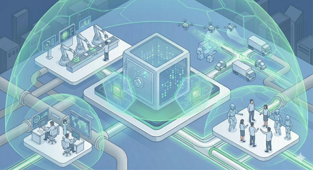Uma complexa e expansiva ilustração isométrica, mantendo o estilo visual minimalista e a paleta azul e verde das imagens anteriores. No centro, o cofre digital blindado da imagem original brilha intensamente. Múltiplos fluxos de dados e tubulações seguras (vistas nas imagens anteriores) estendem-se dele para conectar diferentes microcenas: um armazém logístico com robôs e drones de entrega, um escritório com mesas de trabalho e telas de análise financeira, e uma pequena fábrica automatizada. Figuras humanas simplificadas colaboram com robôs especializados em cada área, todos interconectados por uma rede neural de IA visível e brilhante que pulsa por todo o cenário, representando a integração cultural e operacional de multiagentes.