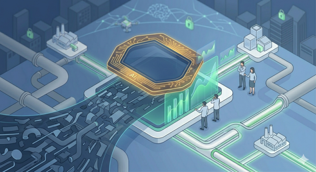 Ilustração tecnológica em estilo macro. À esquerda, um emaranhado cinza de processos desorganizados e tubos quebrados flui em direção a uma lente octogonal dourada com circuitos brilhantes de Inteligência Artificial. Ao passar pela lente, os elementos se transformam em gráficos de barras verdes ascendentes e tubulações iluminadas e organizadas. O fundo é um azul marinho profundo que destaca o contraste do ouro e do verde esmeralda.