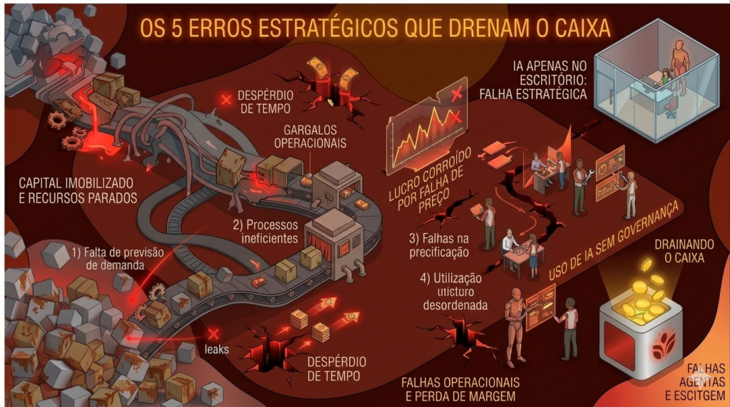 Nova ilustração isométrica de processos de IA: à esquerda, um fluxo roxo caótico representando processos manuais falhos e perdas; ao centro, um sistema de multiagentes transforma dados brutos em um fluxo laranja elétrico brilhante que, à direita, gera lucro protegido e moedas douradas com interação humana.