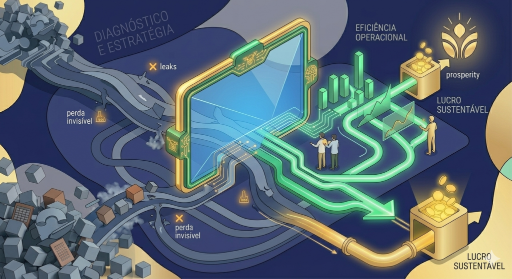 Ilustração macro tecnológica em estilo de visão tática digital. À esquerda, fluxos desorganizados e cinzas de dados e processos (representando perdas invisíveis) são analisados por uma grande lente geométrica dourada e verde. Ao passar pela lente de Inteligência Artificial, os dados se transformam em gráficos verdes ascendentes e tubulações organizadas e iluminadas que levam a um radiante 'Caixa da Organização' (The Organization's Cash) estruturalmente seguro e overflowed com glowing gold data coins. Pequenas figuras humanas observam a clareza e o lucro sustentável gerado pela transformação digital, em um ambiente seguro, com fundo azul marinho profundo. O fundo apresenta sutis textos em português: 'DIAGNÓSTICO E ESTRATÉGIA', 'EFICIÊNCIA OPERACIONAL', 'LUCRO SUSTENTÁVEL'.