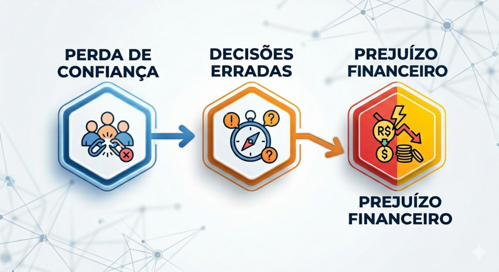 Infográfico com três hexágonos conectados por setas sobre um fundo tecnológico. O primeiro hexágono mostra ícones de pessoas e o texto "PERDA DE CONFIANÇA". O segundo apresenta uma bússola e o texto "DECISÕES ERRADAS". O terceiro exibe moedas, um cifrão (R$) e um gráfico de queda, com o texto "PREJUÍZO FINANCEIRO".