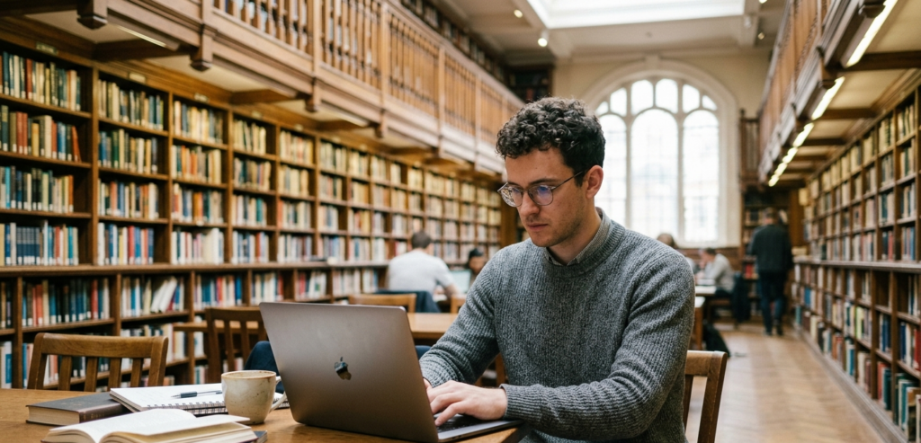 Um homem jovem de óculos e suéter cinza trabalha concentrado em um notebook em uma biblioteca clássica e iluminada. À frente dele, há livros abertos e uma xícara de café, simbolizando um ambiente de estudo e alta performance intelectual.