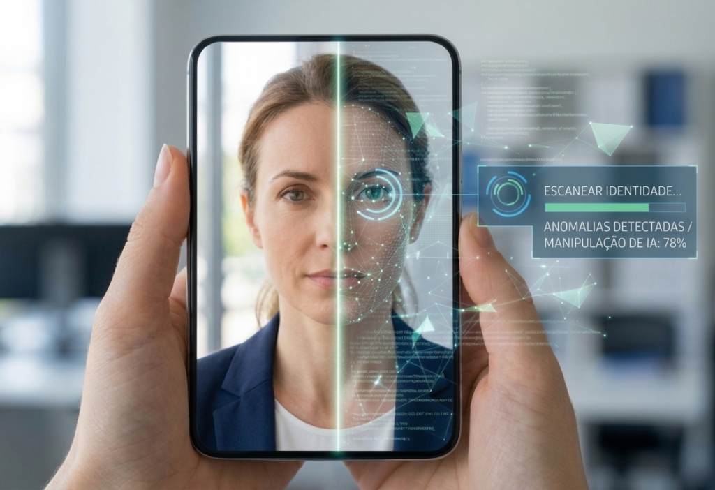 Close de mãos segurando um smartphone que exibe um scanner biométrico sobre o rosto de uma mulher. O lado esquerdo mostra o rosto real e o lado direito exibe uma malha digital com pontos de conexão. Um painel flutuante indica "Anomalias Detectadas" e "Manipulação de IA: 78%".