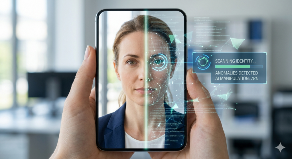 Close de mãos segurando um smartphone que exibe um scanner biométrico sobre o rosto de uma mulher. O lado esquerdo mostra o rosto real e o lado direito exibe uma malha digital com pontos de conexão. Um painel flutuante indica "Anomalias Detectadas" e "Manipulação de IA: 78%".
