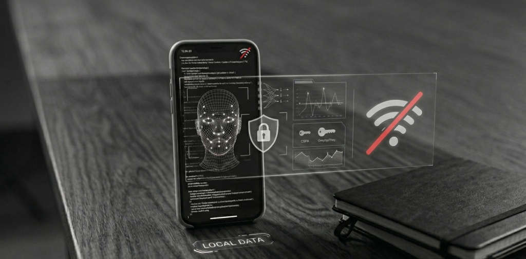 Smartphone exibindo processamento de IA em modo offline com ícone de Wi-Fi riscado e escudo de proteção de dados.