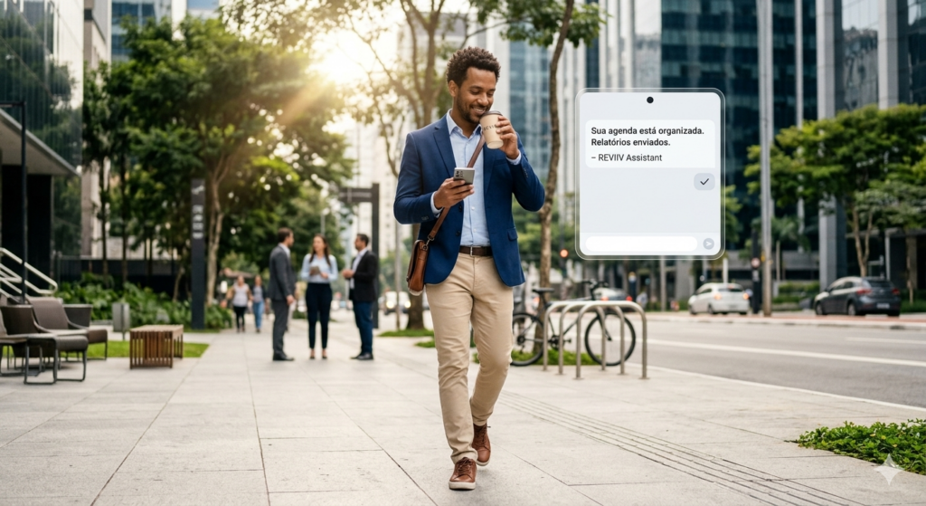Profissional sorridente caminhando em um centro empresarial enquanto utiliza um assistente pessoal de IA no celular para gerenciar sua agenda de forma autônoma.