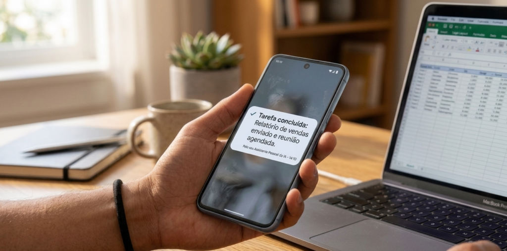 Notificação em um smartphone confirmando a conclusão automática de um relatório de vendas e agendamento de reunião por um assistente pessoal de IA.