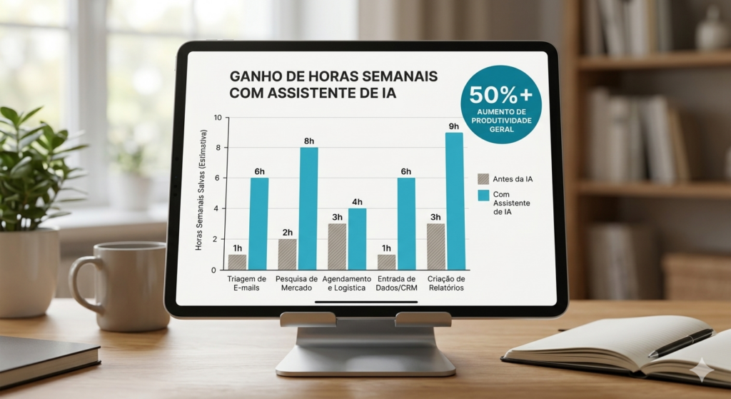 Gráfico de barras exibido em um tablet comparando o ganho de horas semanais antes e depois de implementar um assistente pessoal de IA em diversas tarefas corporativas.