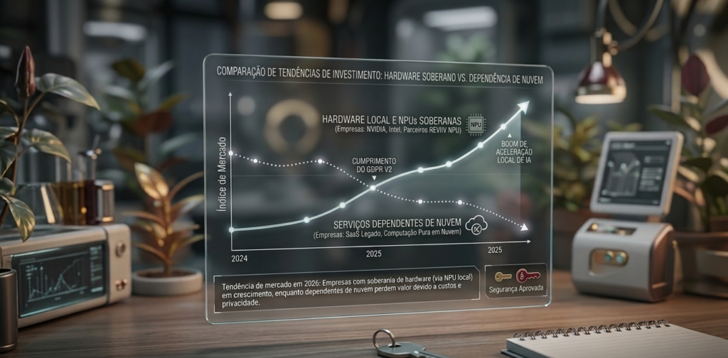 Gráfico holográfico comparativo mostrando a tendência de crescimento do Hardware Soberano e NPUs locais frente à queda da dependência de serviços em nuvem até 2026.