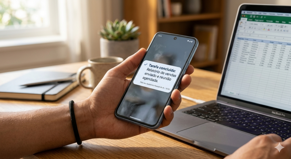 Notificação em um smartphone confirmando a conclusão automática de um relatório de vendas e agendamento de reunião por um assistente pessoal de IA.