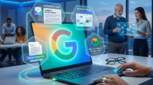 Notebook em um escritório moderno exibindo ícones holográficos da IA do Google. As janelas flutuantes mostram e-mails resumidos, agendas otimizadas e integração com o Meet, enquanto profissionais colaboram ao fundo.
