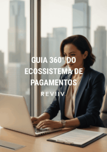 Uma mulher jovem e profissional trabalha concentrada em seu notebook em um escritório moderno. Ao fundo, uma janela ampla mostra o skyline de uma cidade com prédios altos. No centro da imagem, o texto em destaque diz: "GUIA 360° DO ECOSSISTEMA DE PAGAMENTOS" seguido pela marca "REVIIV".