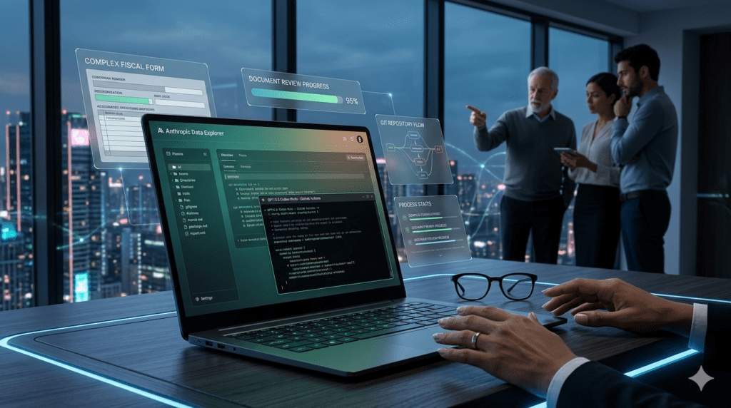Visão aérea de mãos digitando em um notebook de alta performance. A tela exibe a interface do ChatGPT com exemplos de capacidades e limitações, ao lado de um par de óculos sobre uma mesa com padrão geométrico.