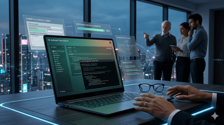 Visão aérea de mãos digitando em um notebook de alta performance. A tela exibe a interface do ChatGPT com exemplos de capacidades e limitações, ao lado de um par de óculos sobre uma mesa com padrão geométrico.
