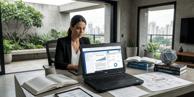 Uma executiva trabalha em um escritório moderno com vista para a cidade. Sobre a mesa de concreto, há um laptop robusto exibindo gráficos financeiros, um tablet com fluxogramas, livros de estratégia e documentos técnicos. A cena representa a aplicação prática e tangível da inteligência artificial no dia a dia corporativo.