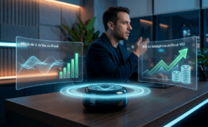 Executivo em escritório moderno interagindo com interface de voz holográfica que exibe gráficos de crescimento e o texto "ROI de Inteligência Artificial: VOZ".