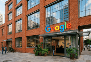 Fachada de um edifício de tijolos vermelhos e grandes janelas de vidro com o letreiro colorido do logotipo do Google em destaque na entrada.