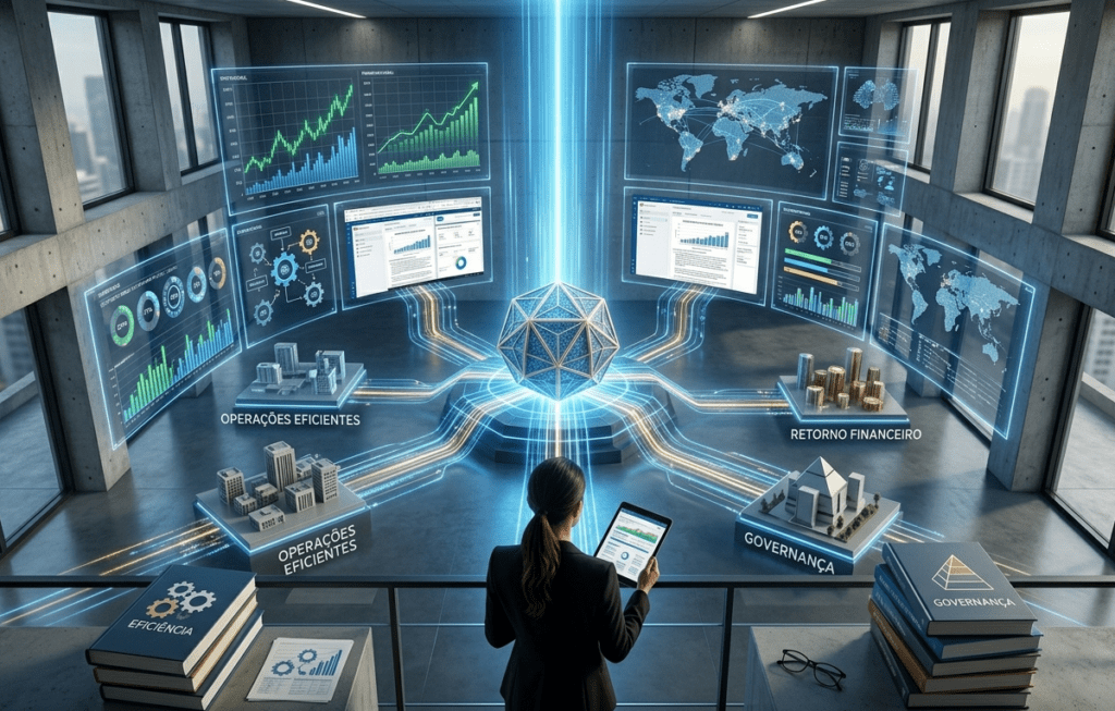 Visão aérea de uma executiva em um escritório de alta tecnologia, observando hologramas de análise financeira, mapas globais e estruturas de governança. A imagem simboliza a transformação de grandes investimentos em resultados tangíveis e controle operacional.